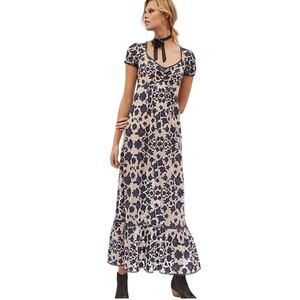 For Love & Lemons Cap Sleeve Temecula Floral Lace Maxi Dress XS Navy Nude Sheer